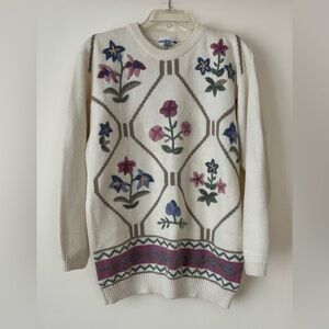 Alfred Dunner Embroidered Sweater, Sz. L, White w/ Pink/Purple Flowers, Crewneck